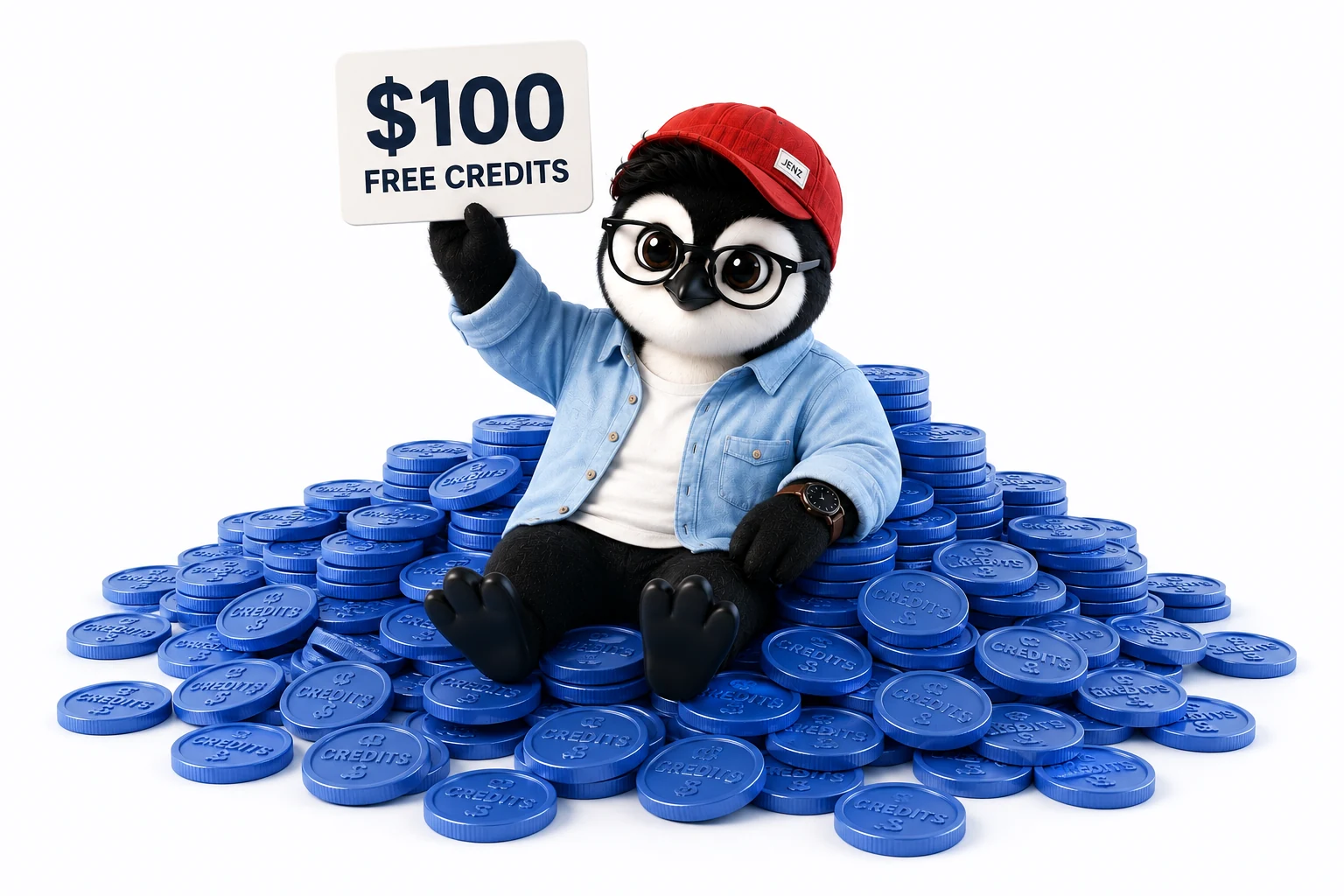 Jenz penguin mascot sitting on a pile of blue credit coins, holding a $100 free credits sign